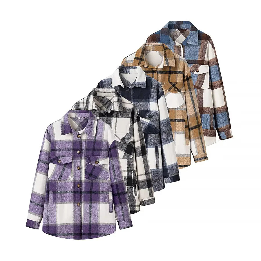 Damen nan kariertes Overshirt im Shacket‑Stil mit aufgesetzten Brusttaschen Drune
