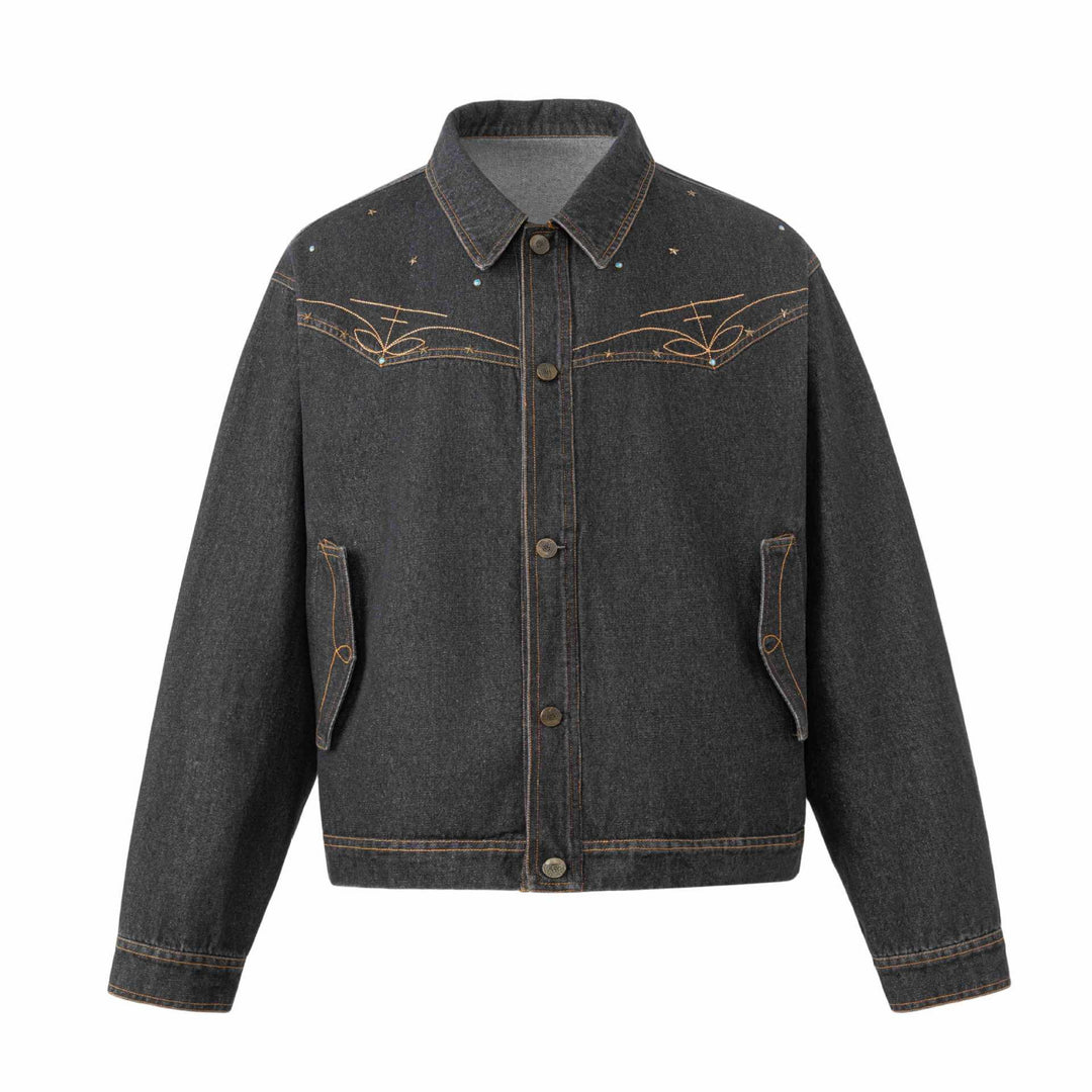 Unisex Boxy-Jeansblouson mit Sternstickerei und Ziernieten Drune