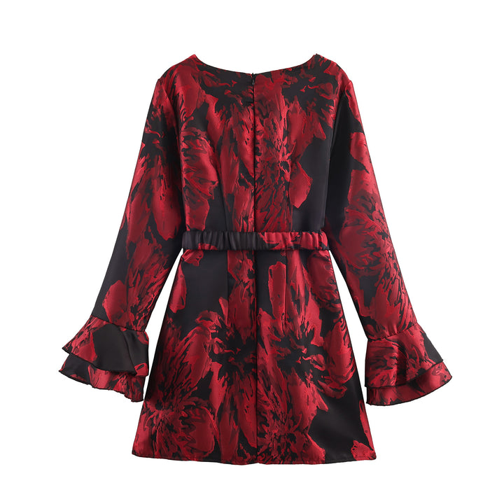 Damen nan festliches A-Linien Minikleid mit Jacquardstruktur, voluminösen Volantärmeln und dekorativem Ziergürtel Drune