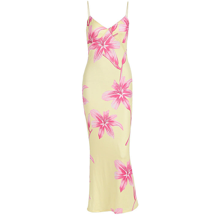 Damen Elegantes Blumenmaxikleid mit feinen Spaghettiträgern und figurbetontem Schnitt Drune