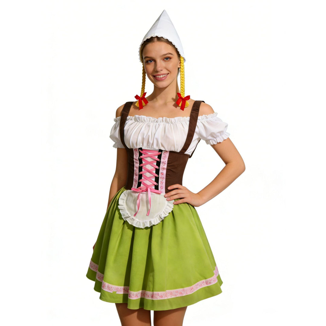 Damen nan bayerisches Oktoberfest-Biermädchen-Kostüm mit geschnürtem Mieder Puffärmeln und mehrlagigem Rock Drune