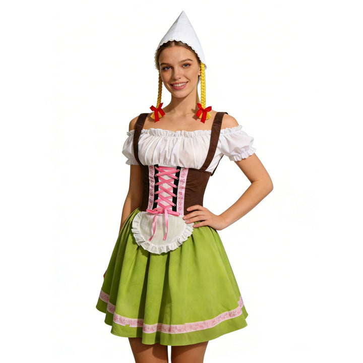 Damen nan bayerisches Oktoberfest-Biermädchen-Kostüm mit geschnürtem Mieder Puffärmeln und mehrlagigem Rock Drune