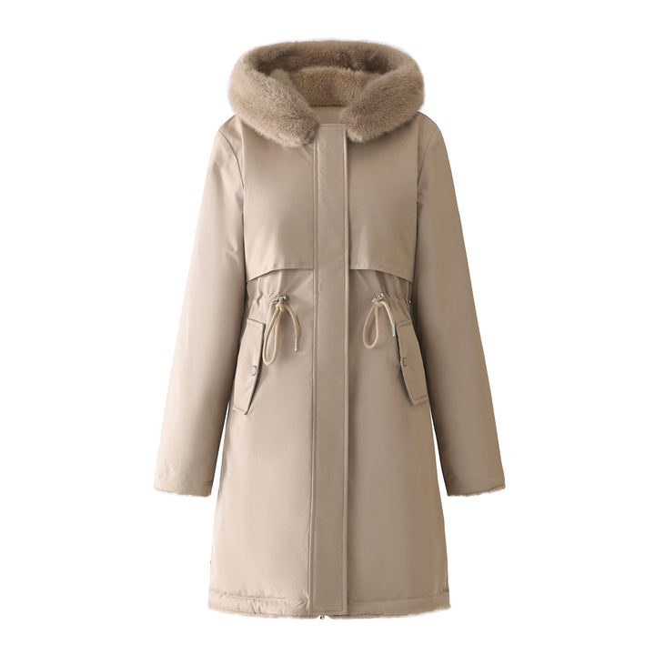 Damen nan langer Parka mit abnehmbarer Kunstfellkapuze und taillenverstellendem Kordelzug Drune