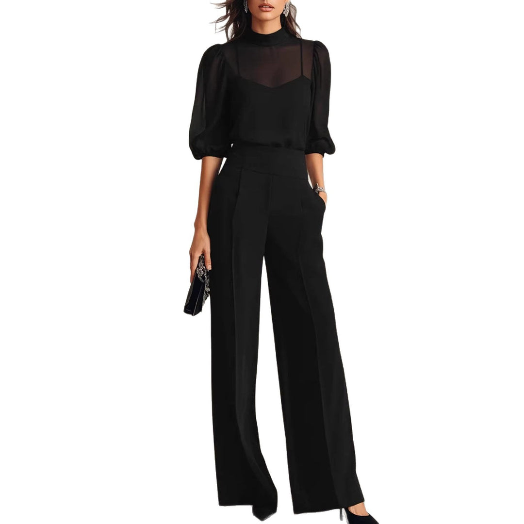 Damen elegantes Blusenset mit weiten Beinen und transparenten Ärmeln Drune