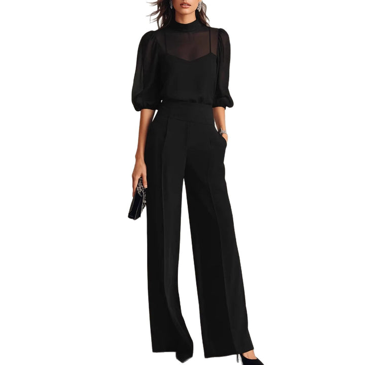 Damen elegantes Blusenset mit weiten Beinen und transparenten Ärmeln Drune