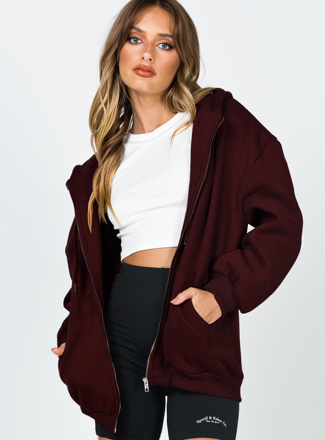 Damen nan lässige Zip-Hoodie-Jacke im Boxy-Cut mit überschnittener Schulter, verdecktem Tunnelzug und großen Kängurutaschen Drune