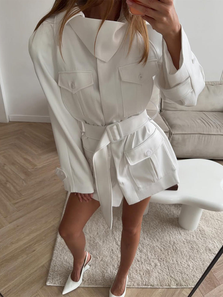 Damen Kurzblusenkleid mit Taillengürtel und aufgesetzten Pattentaschen Drune