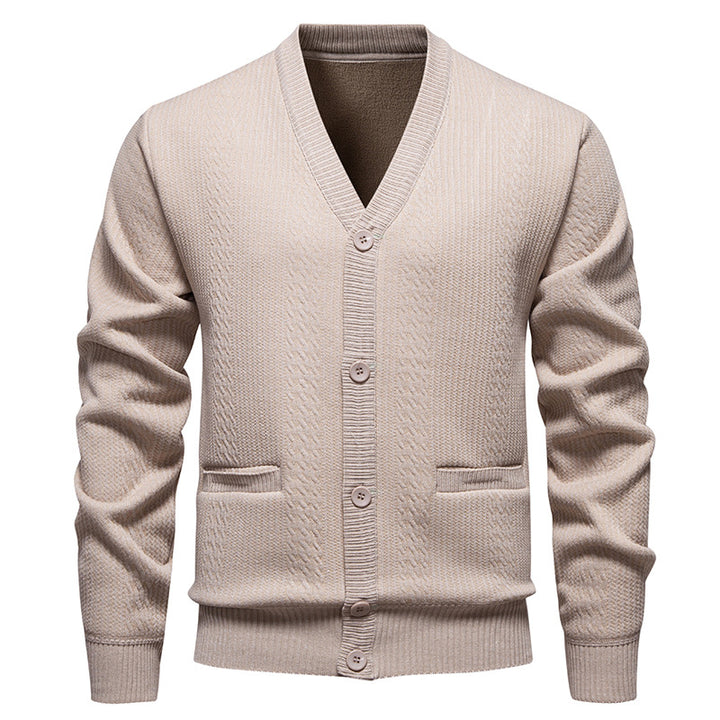 Herren Texturierter V-Ausschnitt Strickcardigan mit Knopfleiste und Eingrifftaschen Drune