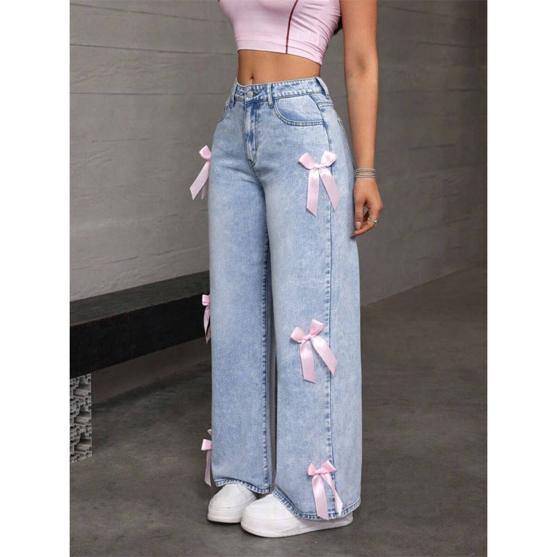 Damen Weite Jeans mit dekorativen Schleifen-Details Drune