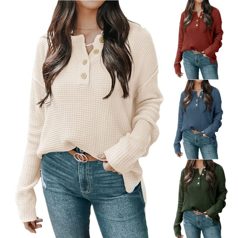 Damen nan lockerer Waffelstruktur Henley Pullover mit Knopfleiste und überschnittener Schulter Drune