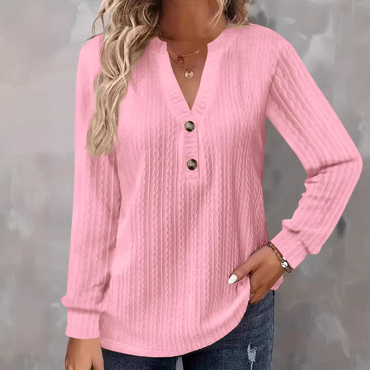 Damen Strukturiertes V‑Neck Langarmshirt mit Zierknopfleiste Drune