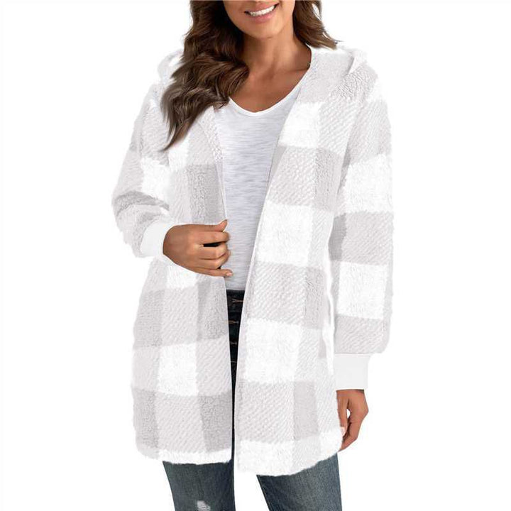 Damen nan karierter Teddy-Mantel mit großem Reverskragen und Rippbündchen Drune