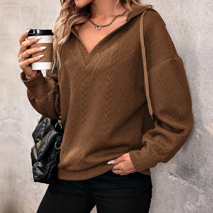 Damen Strukturiertes Zopfmuster-Kapuzen-Sweatshirt mit V-Ausschnitt und Ballonärmeln Drune