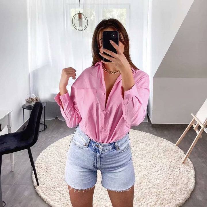 Damen Oversize-Hemdbluse mit rundem Saum, Brusttasche und überschnittenen Schultern Drune