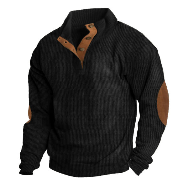 Herren nan rustikaler gerippter Pullover mit Henley-Kragen und lederartigen Ellbogenbesätzen Drune