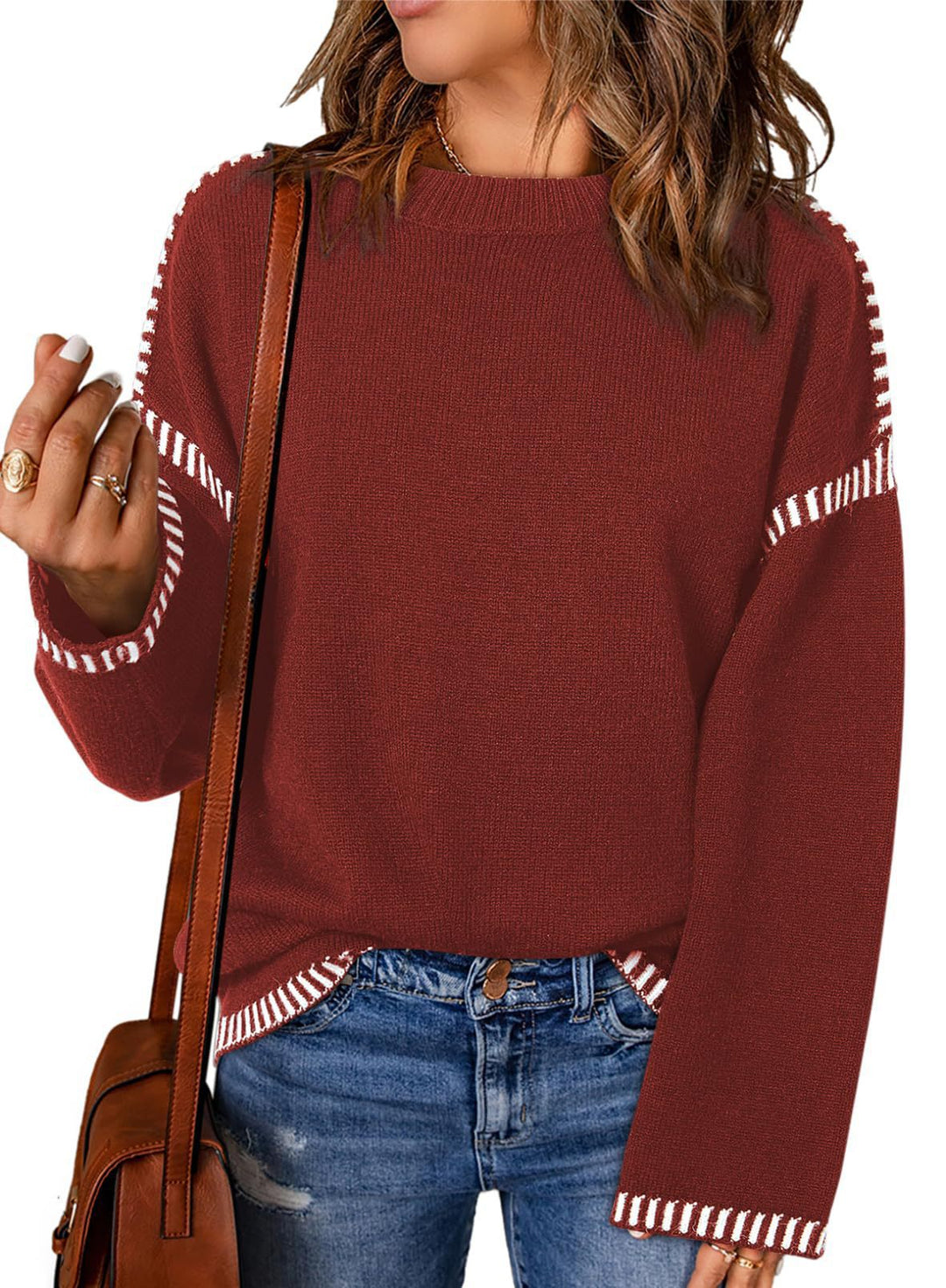 Damen Grobstrickpullover mit modischem Kontrastsaum und weiten Ärmeln Drune