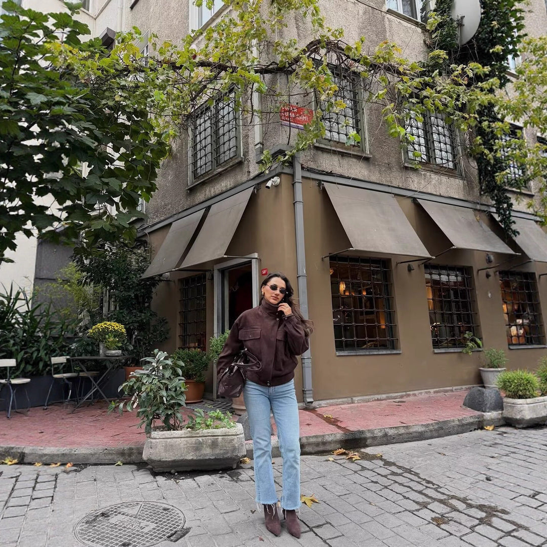 Damen Kurze Boxy‑Jacke in Velourslederoptik mit hohem Funnelkragen Drune