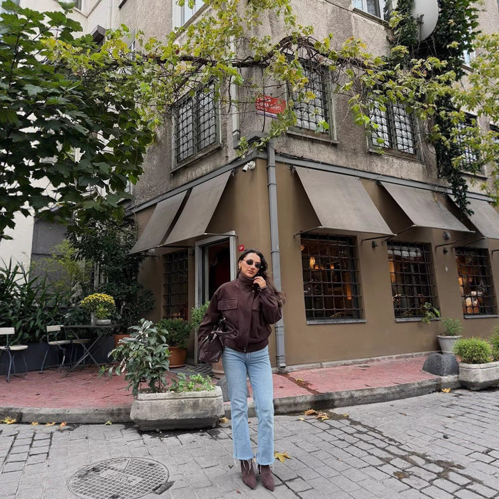 Damen Kurze Boxy‑Jacke in Velourslederoptik mit hohem Funnelkragen Drune