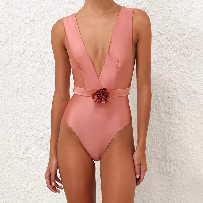 Damen Eleganter Badeanzug mit Blumenapplikation Drune