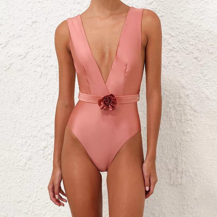 Damen Eleganter Badeanzug mit Blumenapplikation Drune