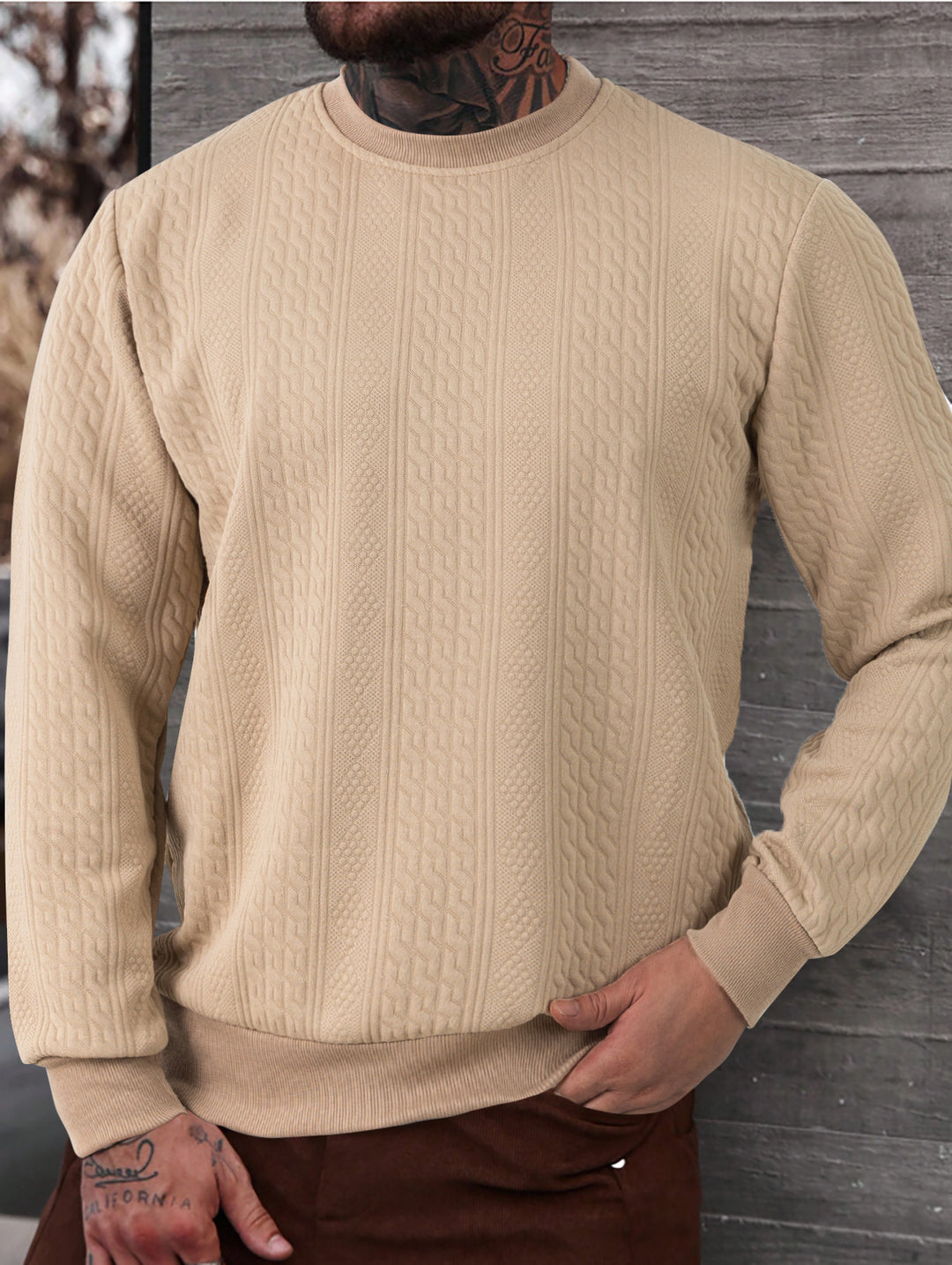 Herren texturiertes Rundhals-Sweatshirt mit feiner Waffelstruktur und gerippten Bündchen Drune