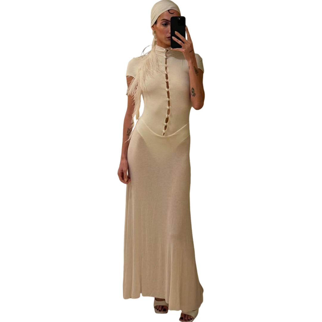 Damen Elegantes Maxikleid mit kurzer Knopfleiste und transparentem Stoff Drune