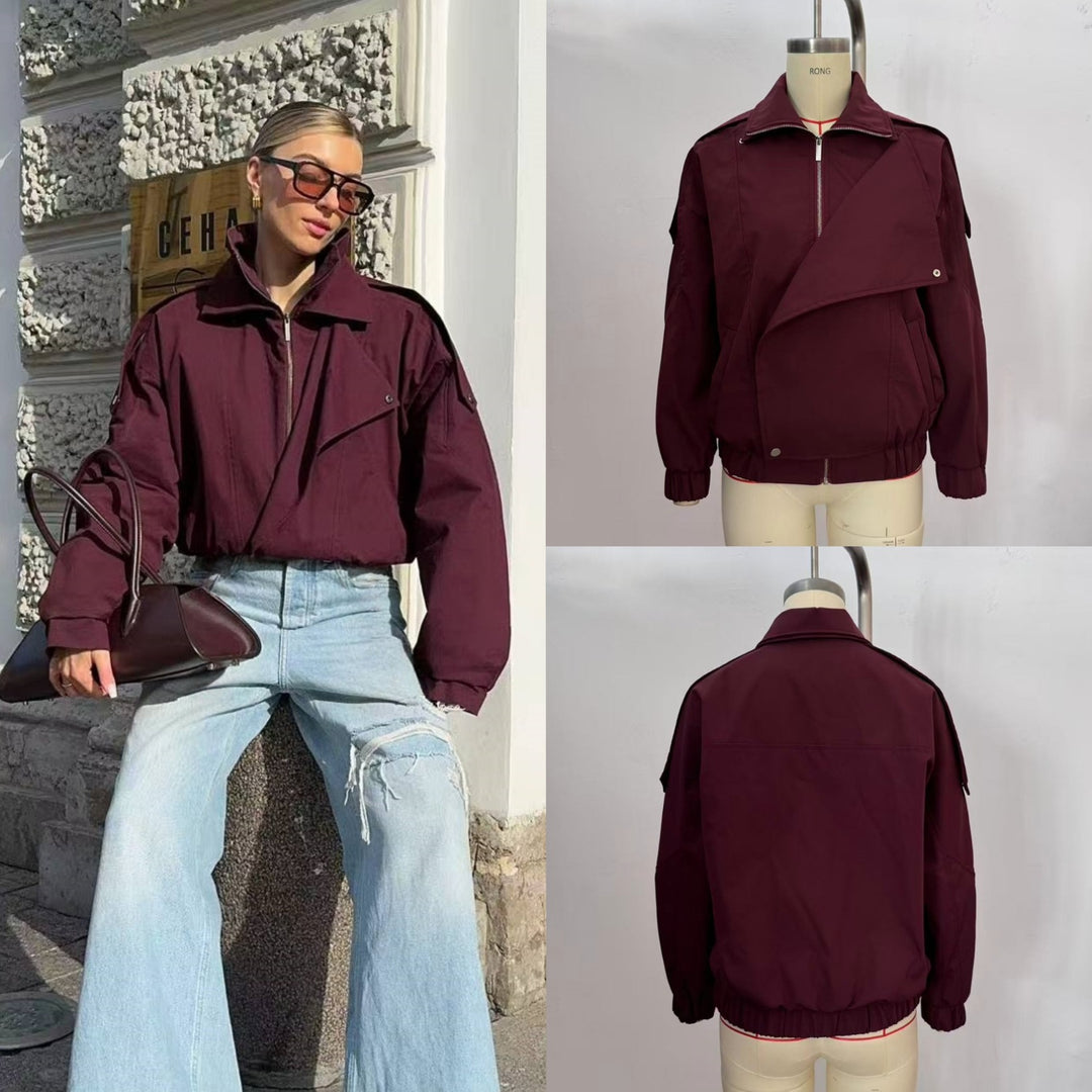 Damen Oversize-Bomberjacke mit asymmetrischer Blendenfront, Stehkragen und Tunnelzugsaum Drune