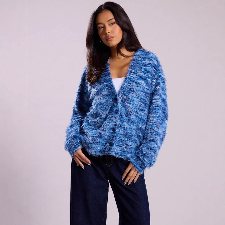Damen Oversize-Flauschpullover mit weitem Carmen‑Ausschnitt und melierter Strickstruktur Drune