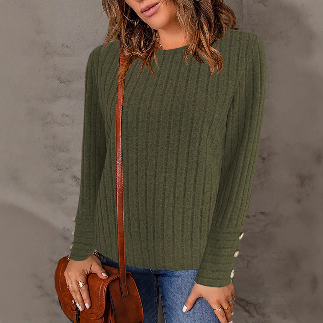 Damen Gerippter Feinstrickpullover mit Rundhalsausschnitt und Zierknopf‑Manschetten Drune
