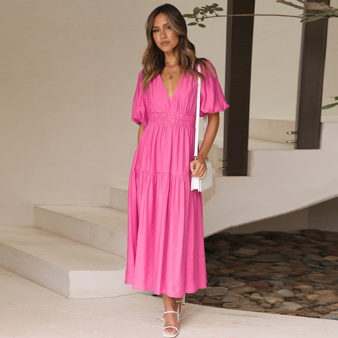 Damen Maxikleid mit tiefem V-Ausschnitt und voluminösen Puffärmeln Drune