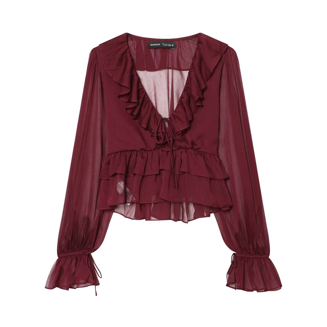 Damen Chiffon-Croppedbluse mit Rüschenvolant, Bindeband und Ballonärmeln Drune