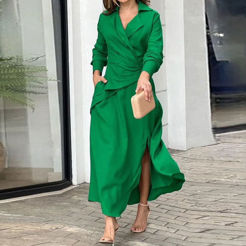 Damen Elegantes Wickelkleid mit tailliertem Schnitt und langen Ärmeln Drune
