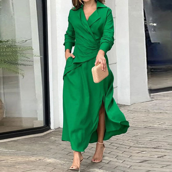 Damen Elegantes Wickelkleid mit tailliertem Schnitt und langen Ärmeln Drune