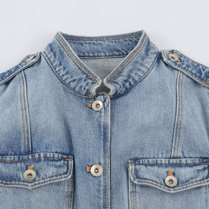 Damen Utility-Denimjacke mit Stehkragen, Pattentaschen und Epauletten Drune