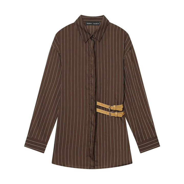 Damen nan oversized Hemdblusen-Midikleid mit verdeckter Knopfleiste und dekorativem Doppelgürtel Drune