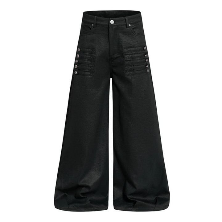 Damen Weite hochgeschnittene Palazzo-Hose mit beschichteter Lederoptik, extra weitem Bein und Statement-Print Drune