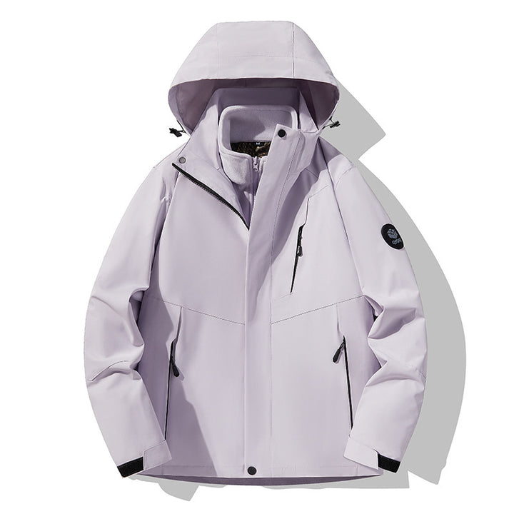Herren dreilagige atmungsaktive Softshell-Trekkingjacke mit integriertem Fleecekragen und verstellbarer Kapuze Drune