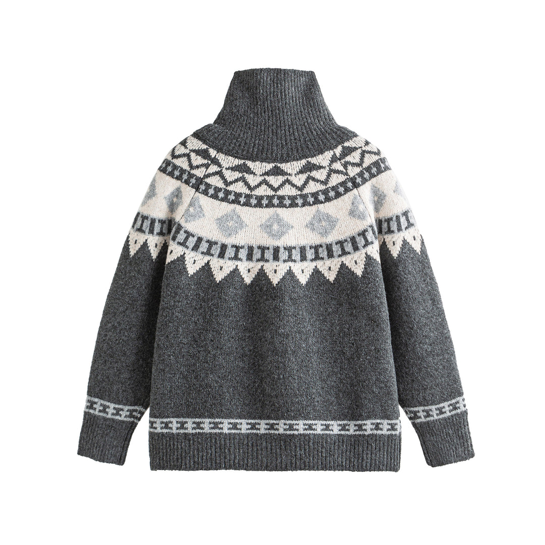 Damen Norwegermuster Strickcardigan mit hohem Stehkragen und Knebelverschlüssen Drune