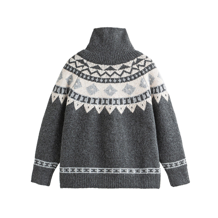 Damen Norwegermuster Strickcardigan mit hohem Stehkragen und Knebelverschlüssen Drune