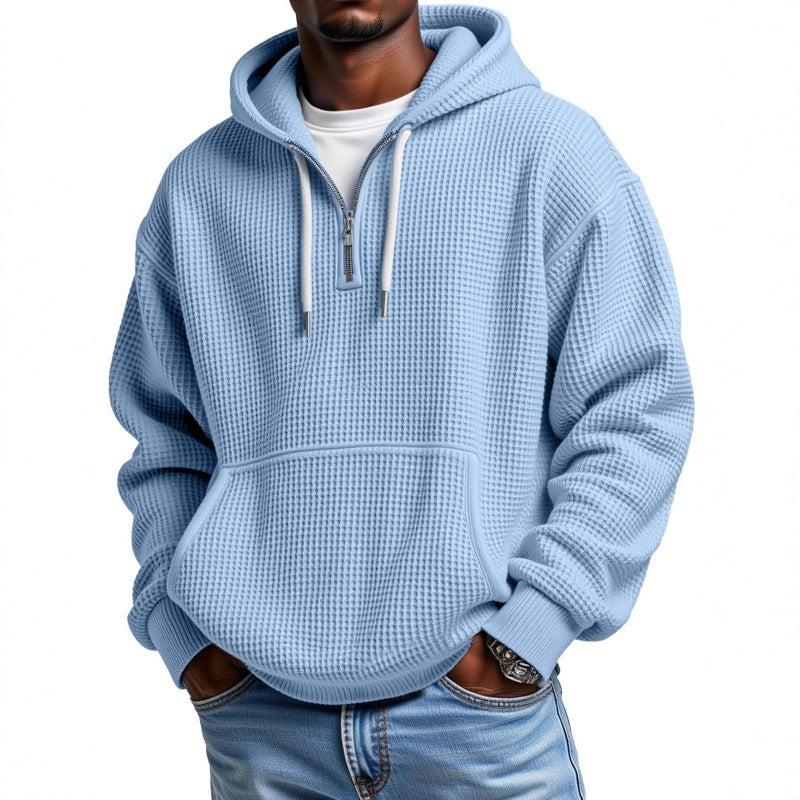 Herren Waffelstrick Halfzip-Kapuzenpullover mit Kängurutasche Drune