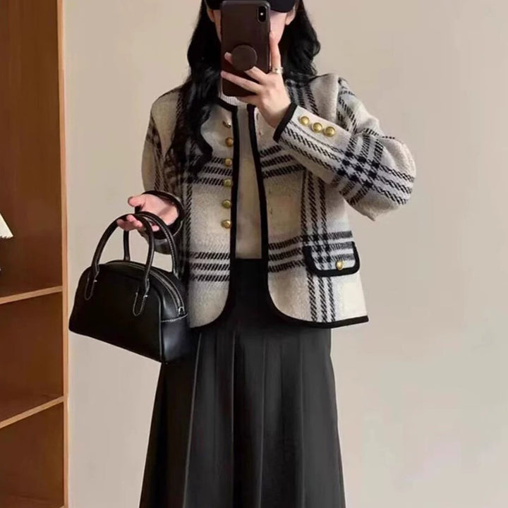 Damen Freizeitblazer mit eleganter Karomusterung und Knopfdetails Drune