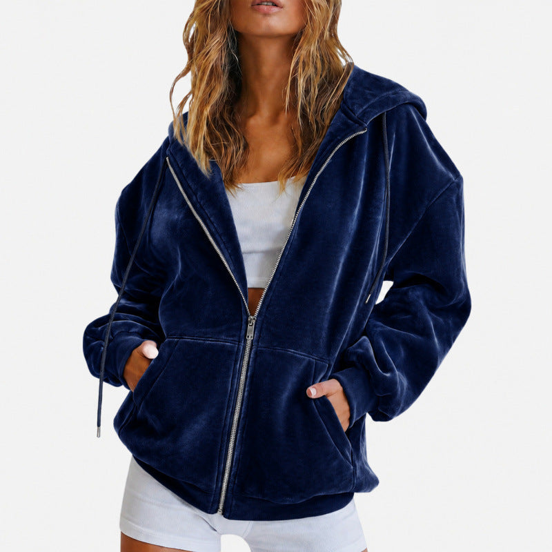 Damen Oversize Velours-Kapuzenjacke mit Reißverschluss Drune
