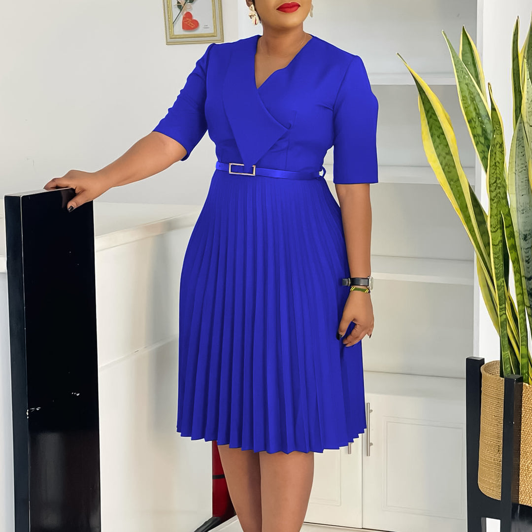 Damen Plissee Kleid mit elegantem V-Ausschnitt und abnehmbarem Taillengürtel Drune