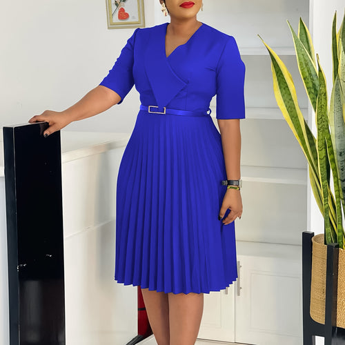 Damen Plissee Kleid mit elegantem V-Ausschnitt und abnehmbarem Taillengürtel Drune