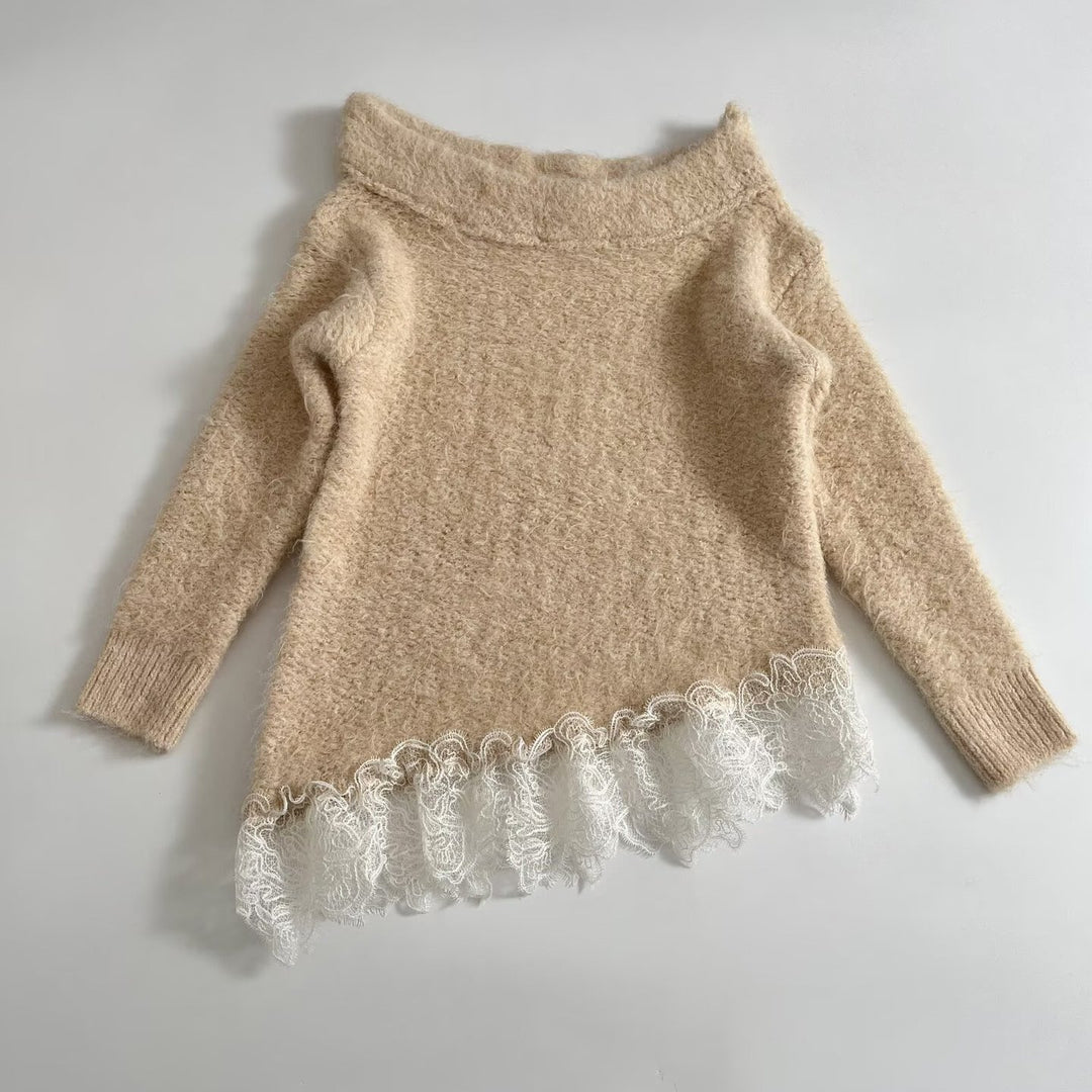 Damen Flauschiger Strickpullover mit Carmenausschnitt und Spitzenbesatz Drune