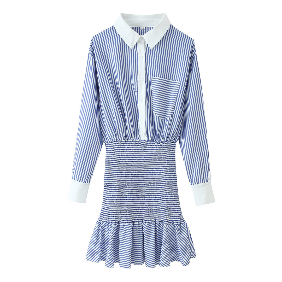 Damen Gestreiftes Hemdblusenkleid mit Taillen-Smokung, Schößchen und Kontrastkragen Drune