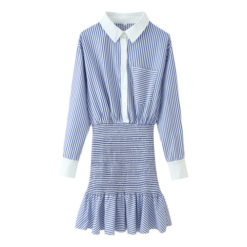 Damen Gestreiftes Hemdblusenkleid mit Taillen-Smokung, Schößchen und Kontrastkragen Drune