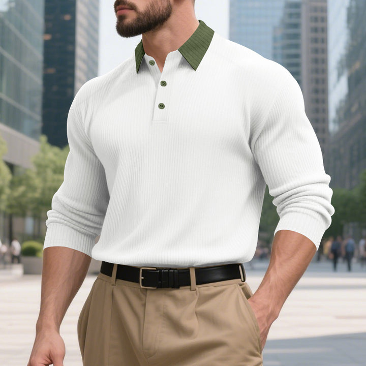Herren elegantes Langarm-Polohemd mit strukturiertem Design und modischem Kragen Drune
