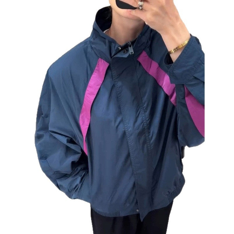 Damen Leichte Oversize Windjacke mit hohem Stehkragen und Kontraststreifen Drune