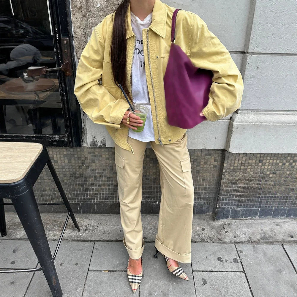 Damen Boxy-Canvas-Jacke mit Reißverschluss, Pattentaschen und Taillen-Zug Drune